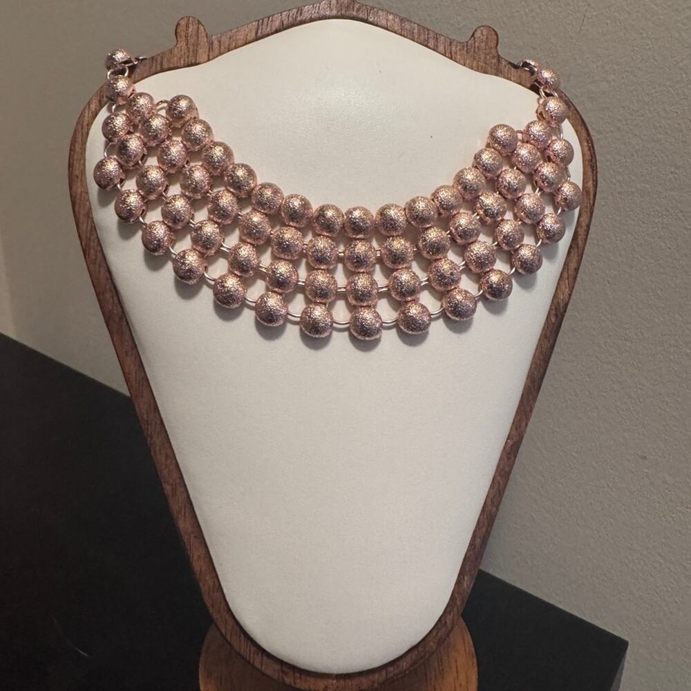 Elegant Textured Rose Gold tone Beaded Necklace Choker Bib style